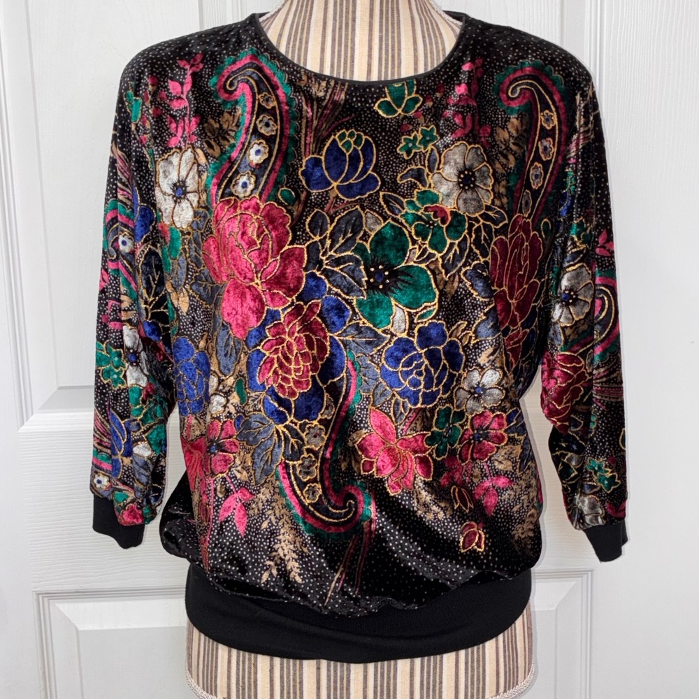 Festive Velvet burnout top Vintage Women's Small Shimmer gold embroidery soft